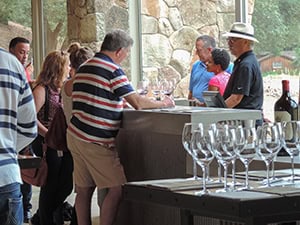 people crowded around a bar at a wine tasting
