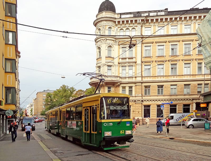 a trolley passing near the Helsinki Design Museum, one of the top museums in Helsinki