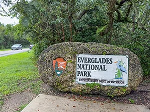 The entrance road sign for the Everglades National Park see during a road trip to the Florida Keys