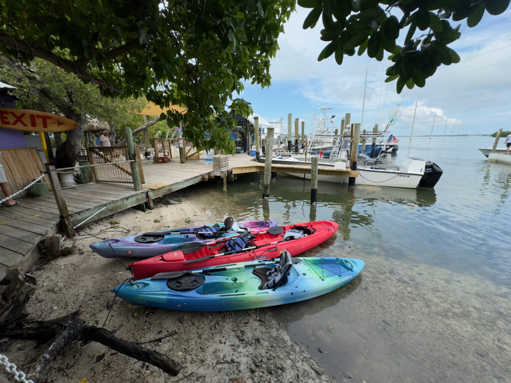 kayaks on the beach of an island seen during a road trip in the Florida Keys 